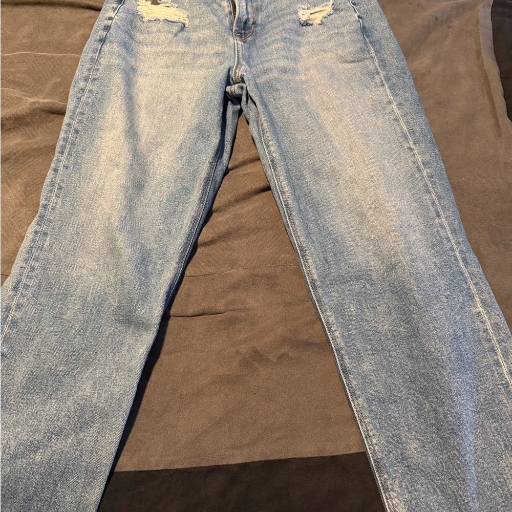 Women's American Eage Light Blue Distressed Mom Jeans Straight-Leg Jeans